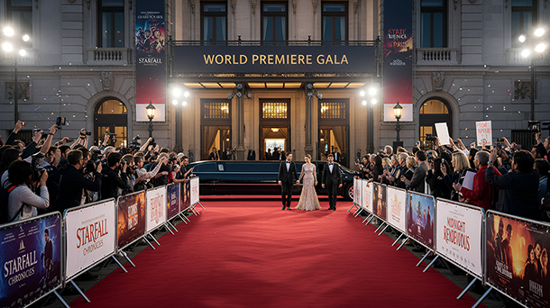 Ein glamouröses Event auf dem roten Teppich, bei dem sich Menschenmengen hinter Absperrgittern mit Filmplakaten aufreihen, während ein elegant gekleidetes Paar auf den Eingang eines beleuchteten Gebäudes zugeht, an dem ein Schild mit der Aufschrift „World Premiere Gala“ angebracht ist.