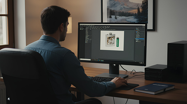 Ein Mann sitzt an einem Schreibtisch und arbeitet am Computer. Er entwirft mit einer Grafikdesign-Software ein Produktbild. Der Arbeitsplatz ist aufgeräumt; neben dem Desktop-Computer liegen ein geschlossenes Buch, auf dem Monitor ist ein Flaschen- und Etikettendesign zu sehen.