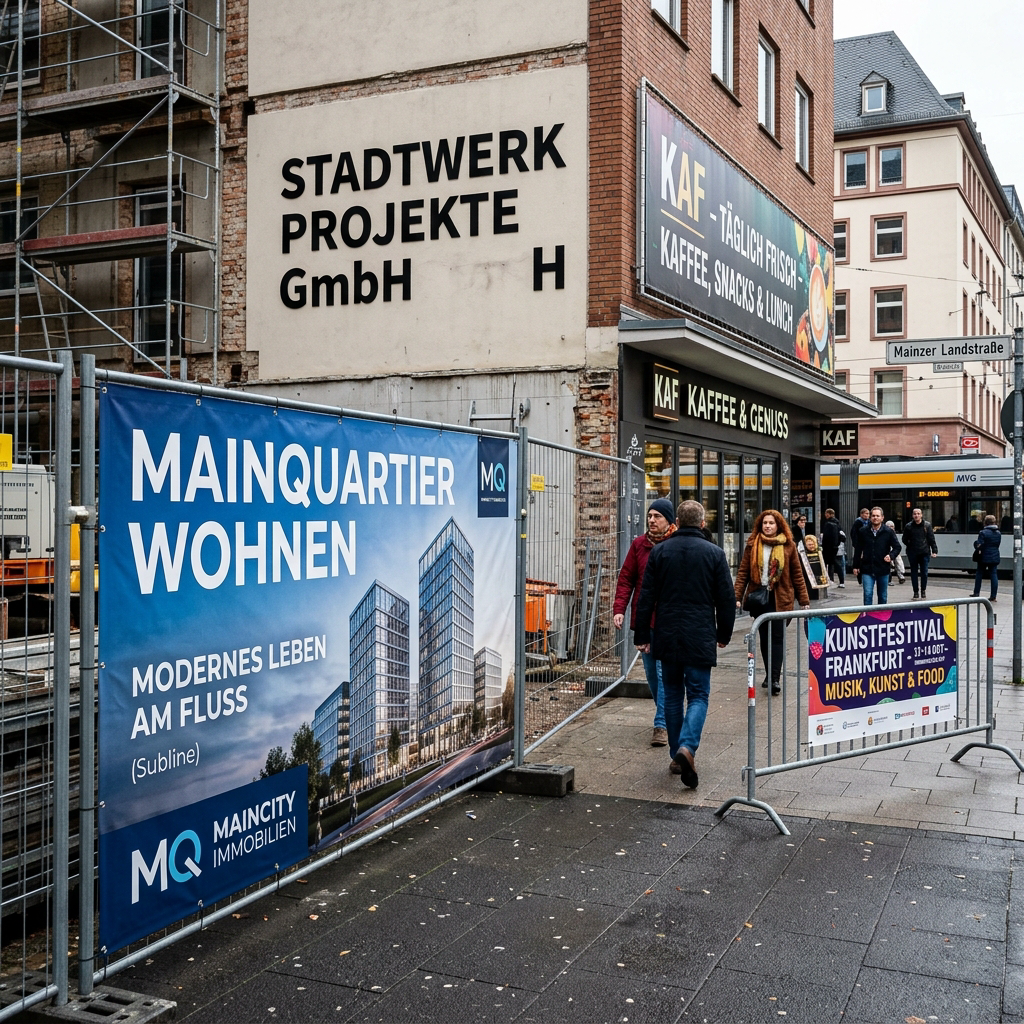 Street scene with pedestrians walking past construction fences displaying advertisements for a residential project and an art festival, with storefronts and signs for a café and a city utility company visible in the background.