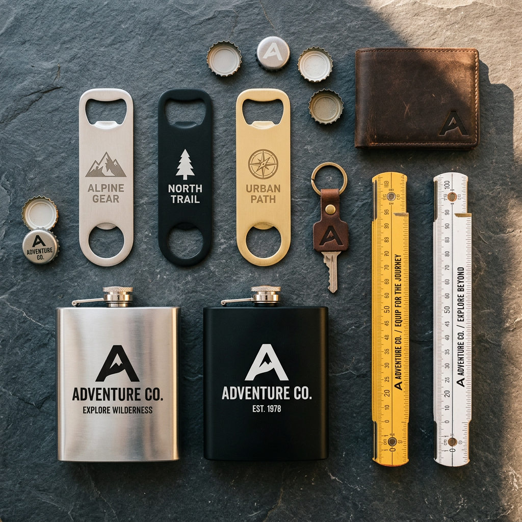A flat lay of branded Adventure Co. gear on a stone surface, including three bottle openers, several bottle caps, a leather wallet, a key with a leather keychain, two metal flasks, a yellow ruler, and a white ruler.
