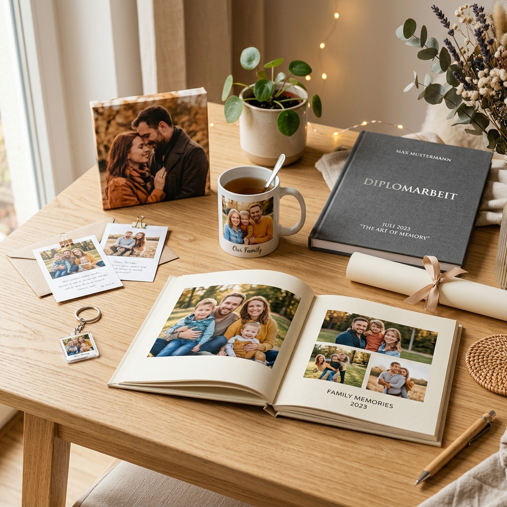 A wooden desk displays personalized photo gifts, including a photo book open to family pictures, a mug with a family photo, a framed photo, keychain, printed cards, a diploma, a potted plant, and a bouquet of dried flowers.