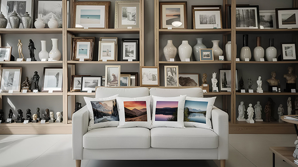 Ein weißes Sofa mit vier Zierkissen mit Landschaftsfotos steht vor Regalen voller gerahmter Kunstwerke, Vasen und Skulpturen.