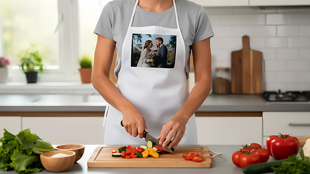 Eine Person, die eine weiße Schürze mit einem aufgedruckten Foto eines Paares trägt, das in einer hellen Küche Gemüse auf einem Holzbrett schneidet, umgeben von frischen Zutaten.