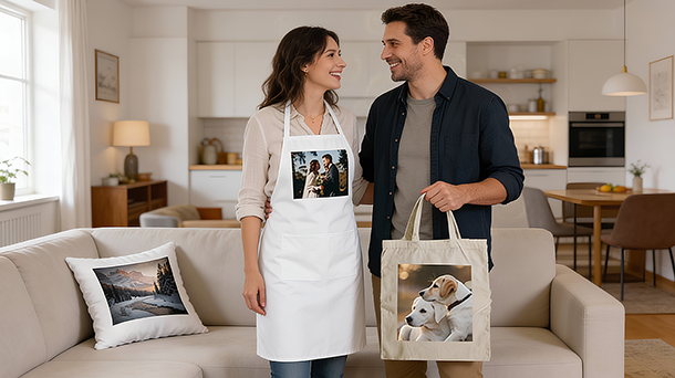 Eine Frau in einer weißen Schürze mit aufgedrucktem Foto steht neben einem Mann, der eine Tragetasche mit Hundeabbildung hält; auf dem Sofa in einem modernen Wohnzimmer liegt ein Zierkissen mit Landschaftsmotiv.